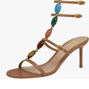 miss left Sienna Beaded T-Strap Buckled Stiletto Sandals Open Toe Party Shoes